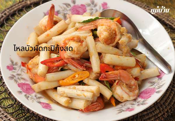 ไหลบัวผัดกระปิกุ้งสด สูตรอาหาร วิธีทำ แม่บ้าน