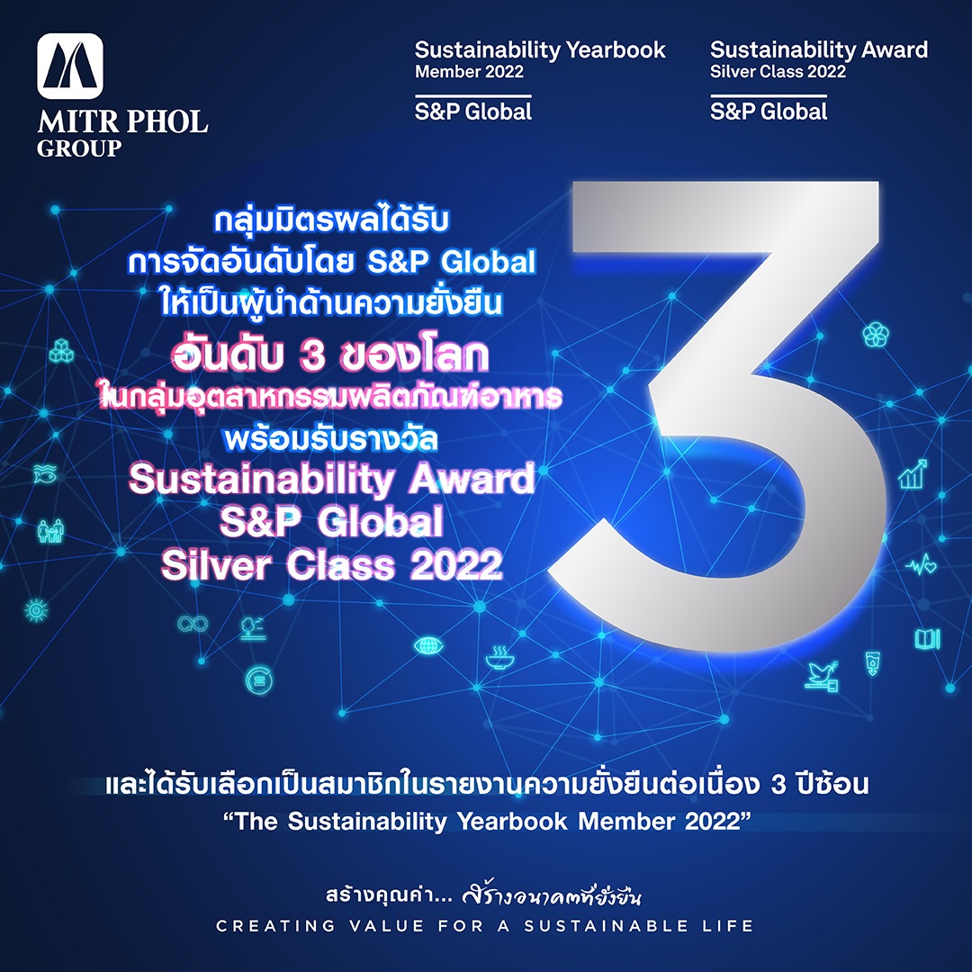กลุ่มมิตรผล คว้ารางวัล Sustainability Award - S&P Global Silver Class 2022 ขึ้นแท่นผู้นำด้านความยั่งยืนอันดับ 3 ของโลกในกลุ่มอุตสาหกรรมผลิตภัณฑ์อาหาร ตอกย้ำความสำเร็จในการพัฒนาธุรกิจเพื่อความยั่งยืนตลอดห่วงโซ่คุณค่าธุรกิจสู่มาตรฐานสากล