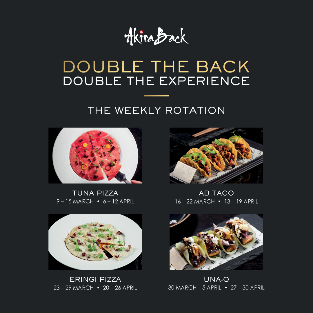 พบกับ “Double the Back – Double the Experience” โปรโมชันซื้อ 1 แถม 1 เพิ่มความอร่อยเป็นสองเท่า ที่ ห้องอาหารอาคีรา แบค เรสเตอรองท์ แอนด์ บาร์  สำนักพิมพ์แม่บ้าน