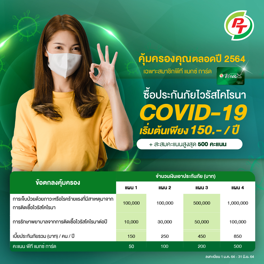 “พีที” พาสมาชิก PT Max Card ผ่านวิกฤติด้วยโปรประกันภัยโควิดสุดคุ้ม เริ่มต้นแค่ 150 บาท มอบความคุ้มครองชีวิต 100,000 บาท